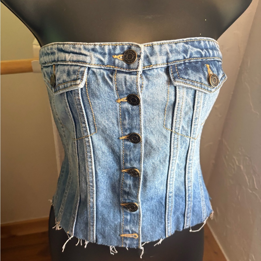 Sneak Peek Denim Corset Tube Top - Light blue strapless button down sz M - Picture 3 of 5